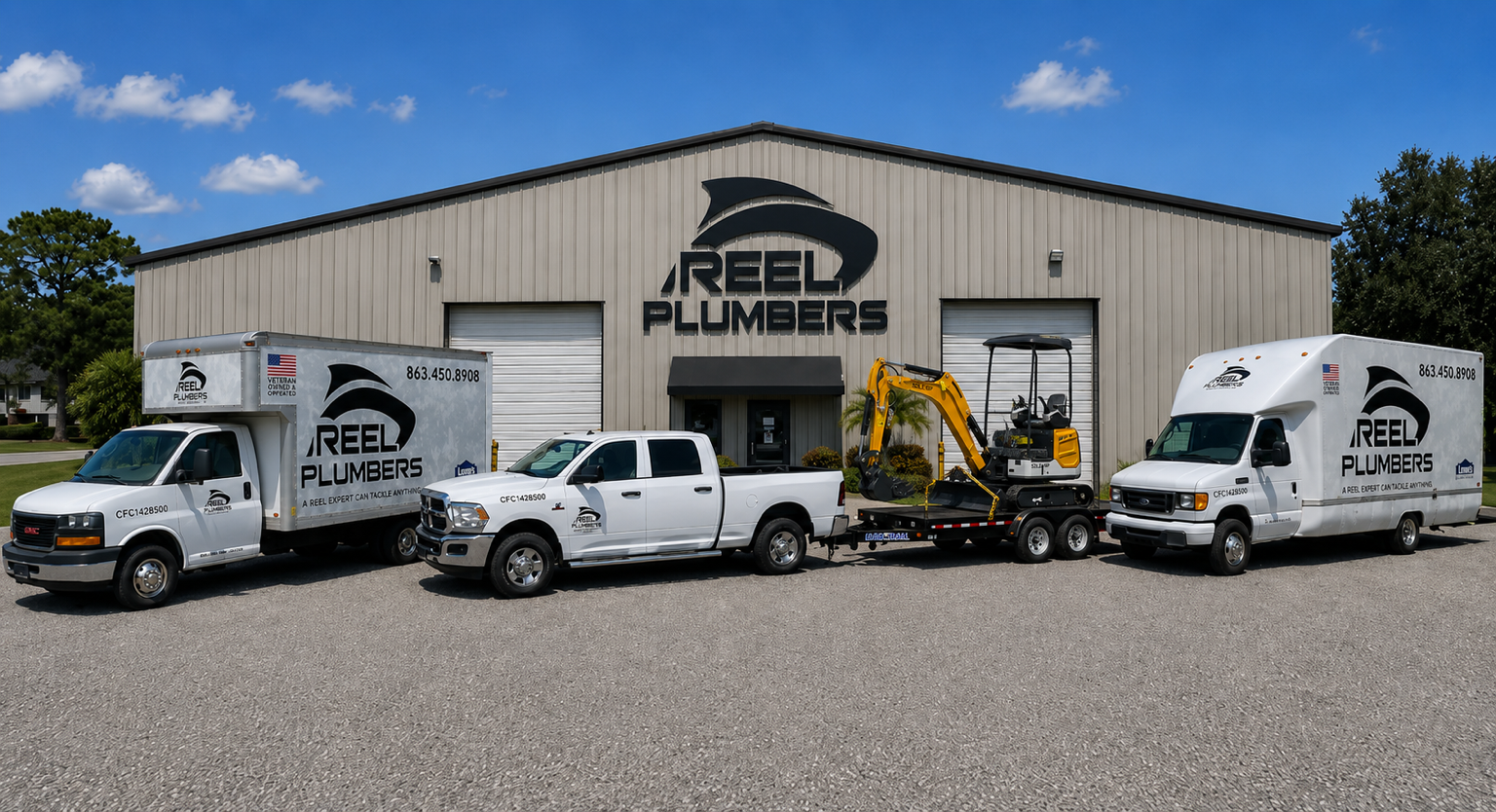 Reel Plumbers fleet of service trucks parked outside the Central Florida shop